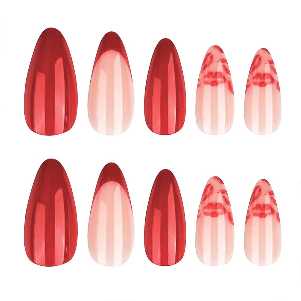 FJSMTOPl red almond nails displayed on a table