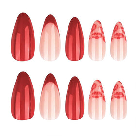 FJSMTOPl red almond nails displayed on a table