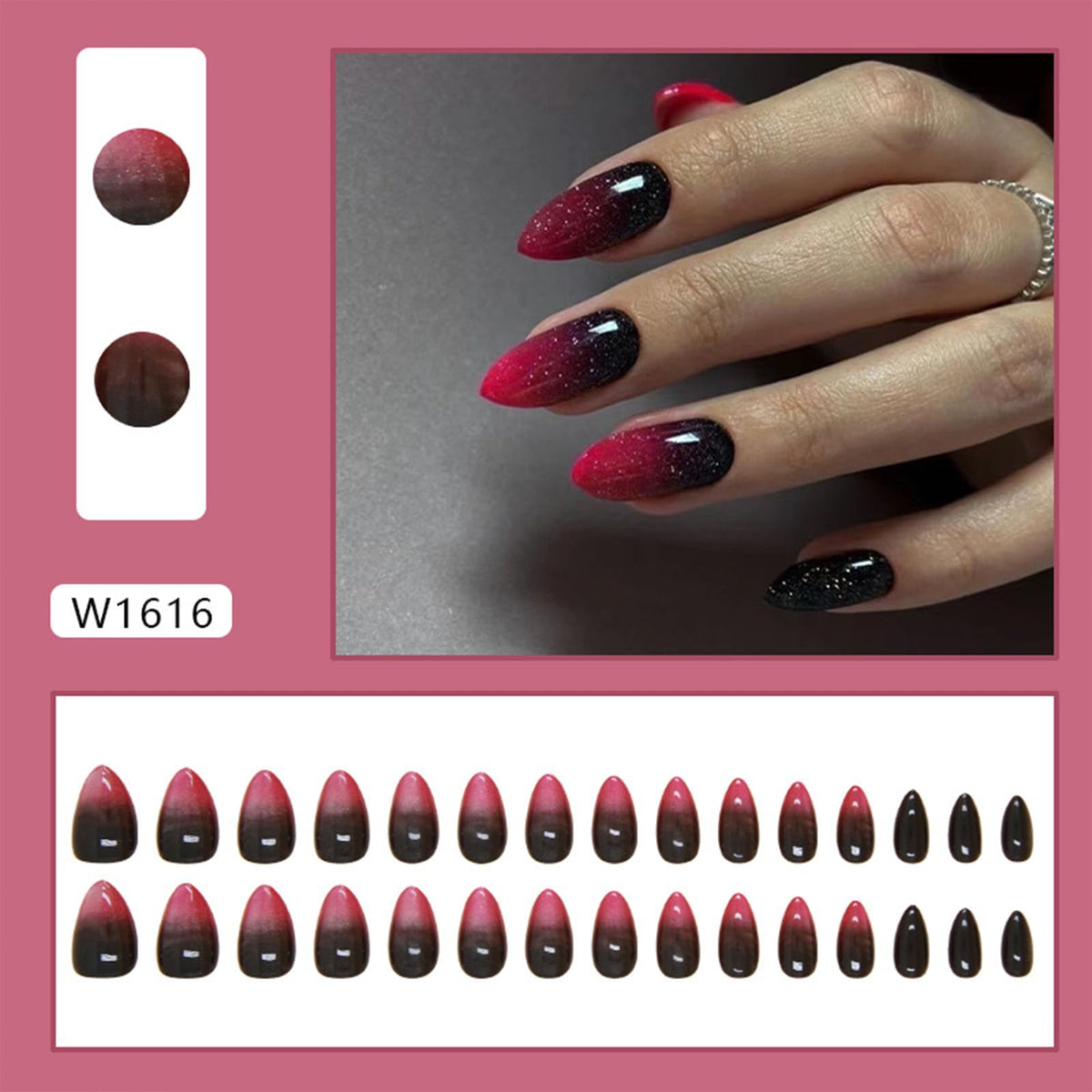 FJSMTOPl red almond press on nails applied on hands
