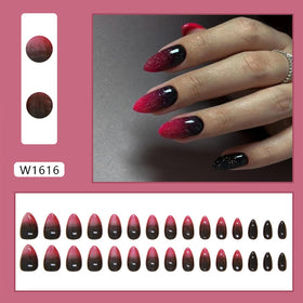 FJSMTOPl red almond press on nails applied on hands
