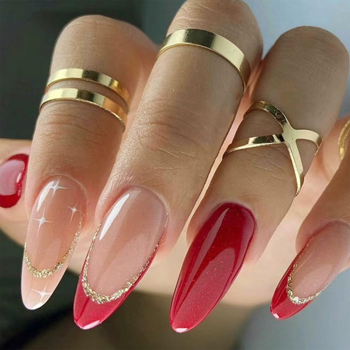 FJSMTOPl Red Press on Nails medium almond shape front view