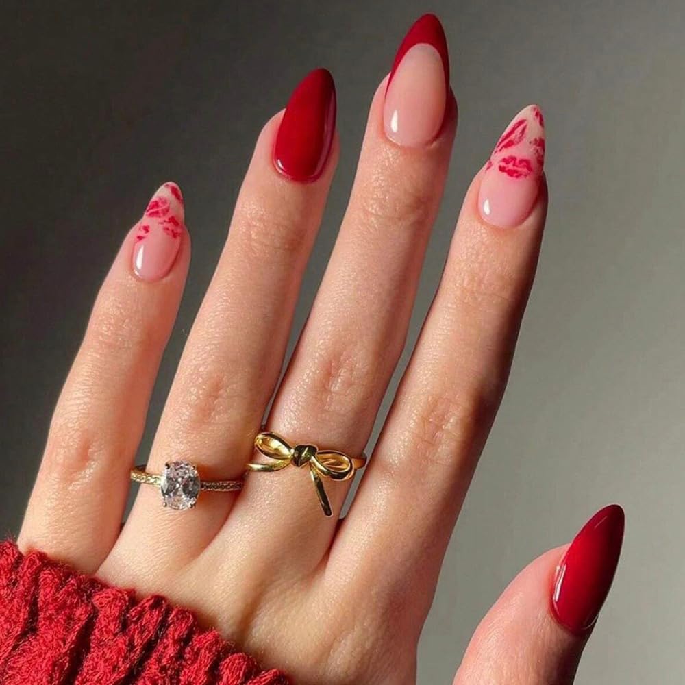 FJSMTOPl Valentine's Day Press on Nails red almond shape front view