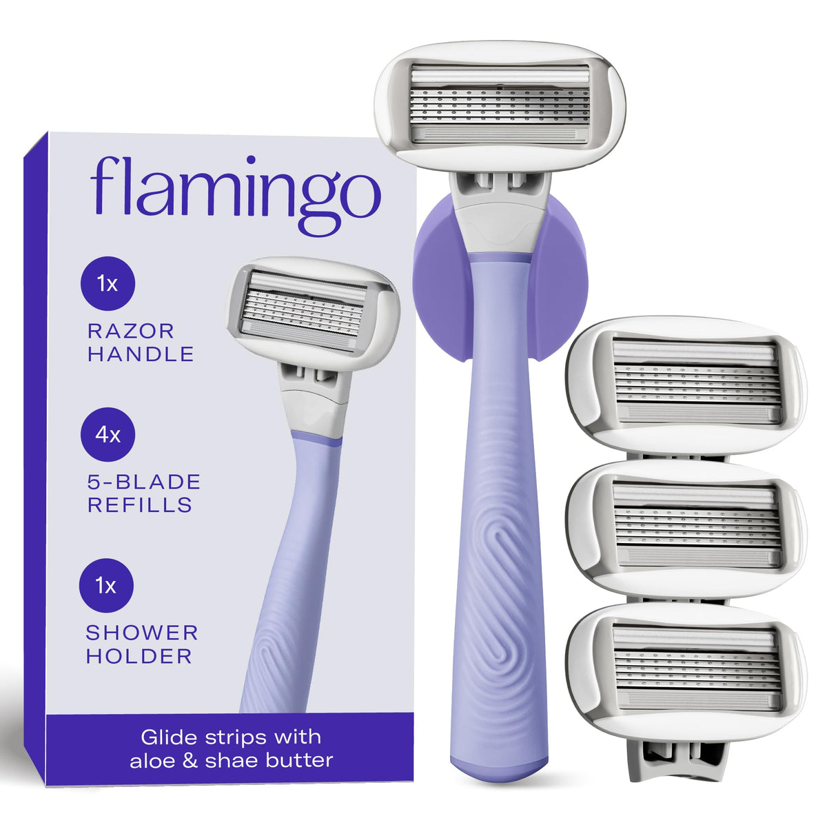 Flamingo Shaving Razor Set for Women in Lilac with handle and blade refills