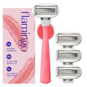 Flamingo Shaving Razor Set front view with pink handle and blades