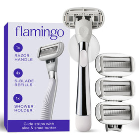 Flamingo Shaving Razor Set with chrome handle and four blade refills