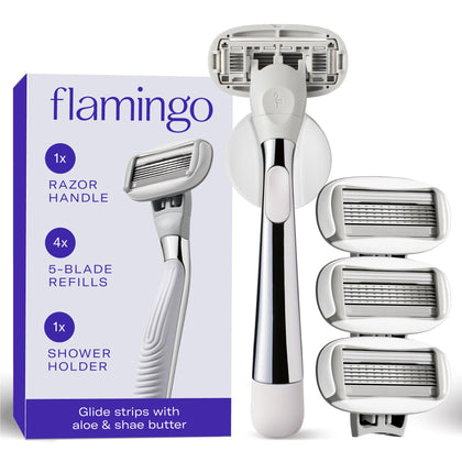 Flamingo Shaving Razor Set with chrome handle and four blade refills