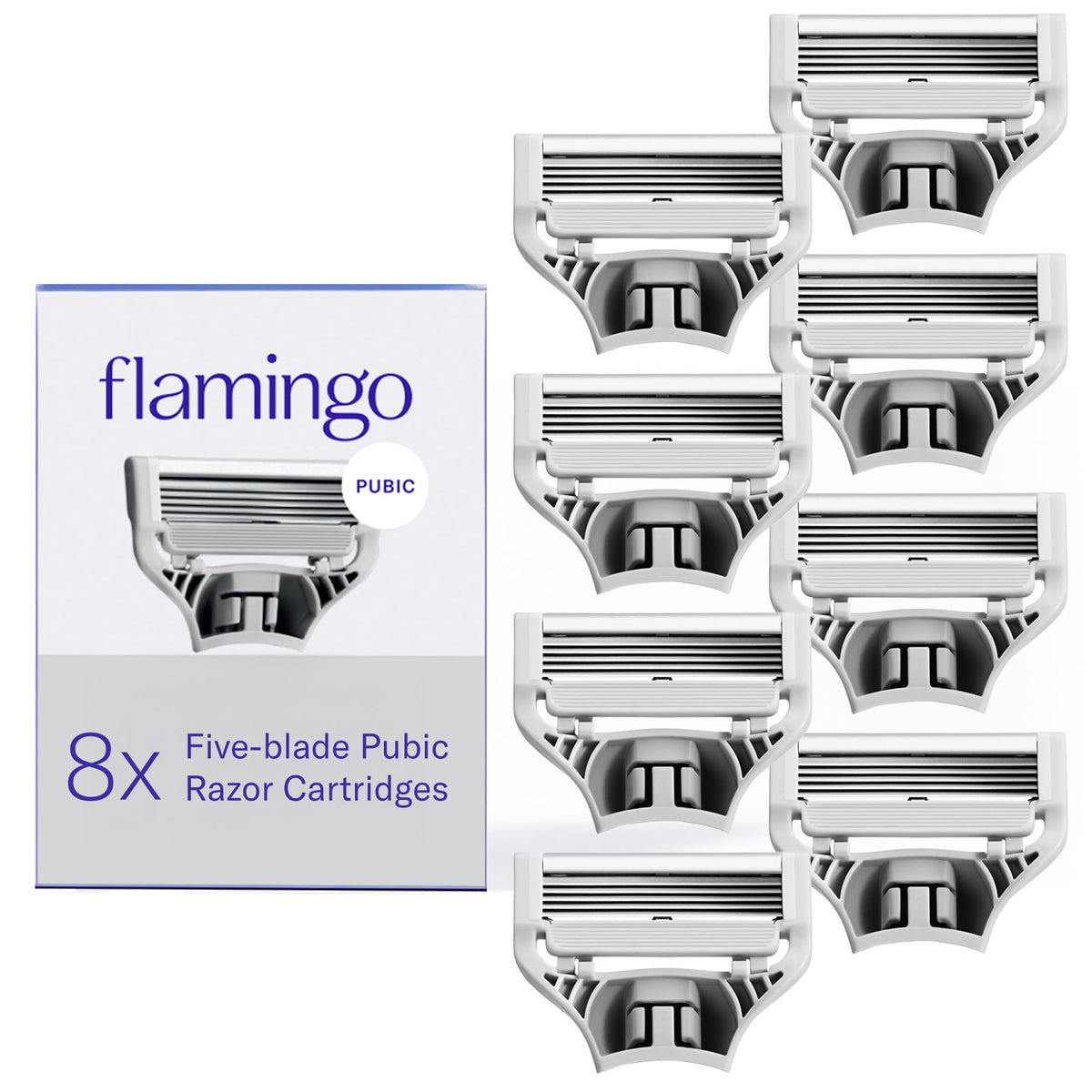 Flamingo Women's Pubic Razor Refill Cartridges front view with packaging