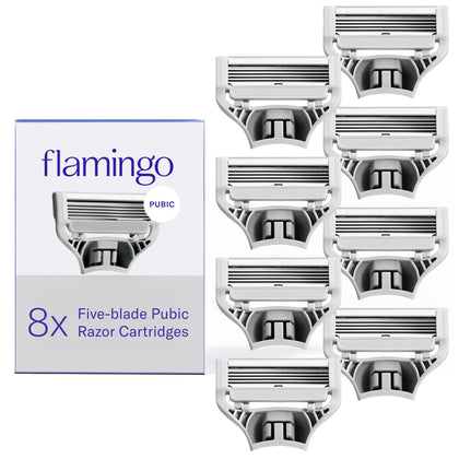 Flamingo Women's Pubic Razor Refill Cartridges front view with packaging