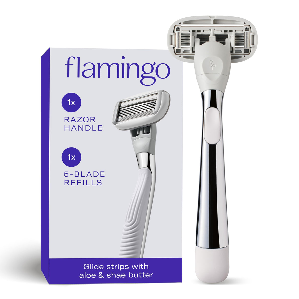 Flamingo women's razor with polished chrome handle and blade refill