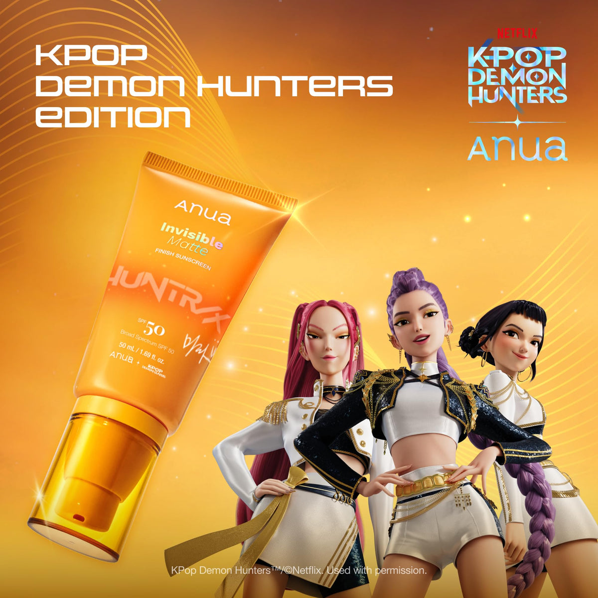 Flat lay of ANUA Invisible Matte Finish Sunscreen with K-Pop Demon Hunters branding