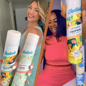 Flat lay of Batiste Dark Dry Shampoo with hair accessories