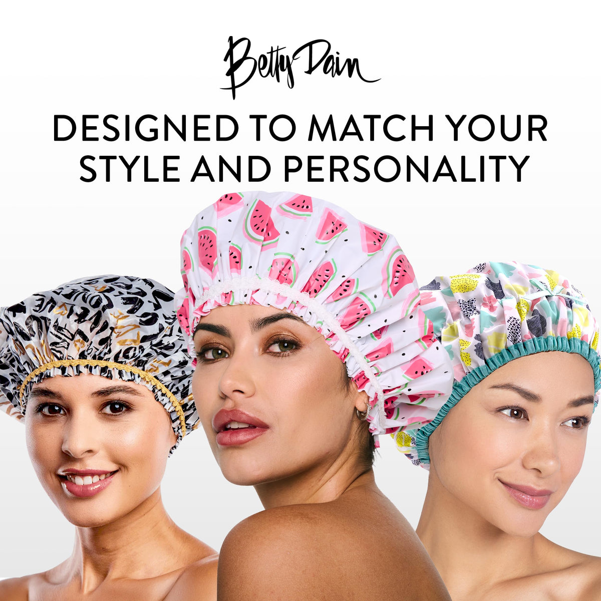 Flat lay of Betty Dain shower cap with spa accessories