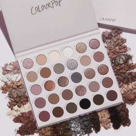 Flat lay of ColourPop Stone Cold Fox Eyeshadow Palette with brushes
