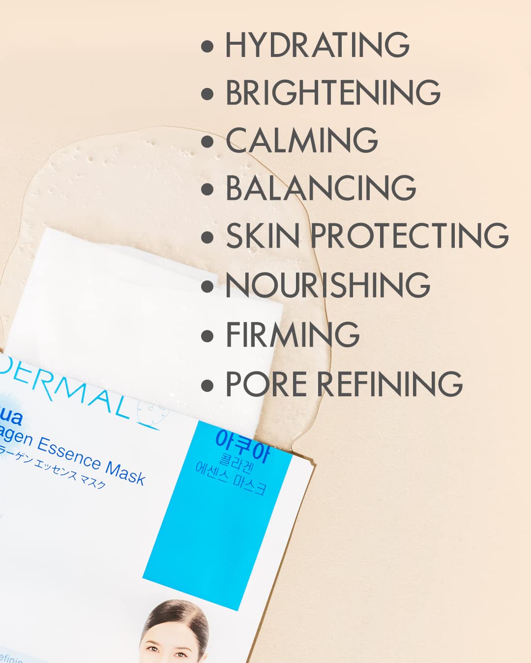 Flat lay of DERMAL masks with various essence types