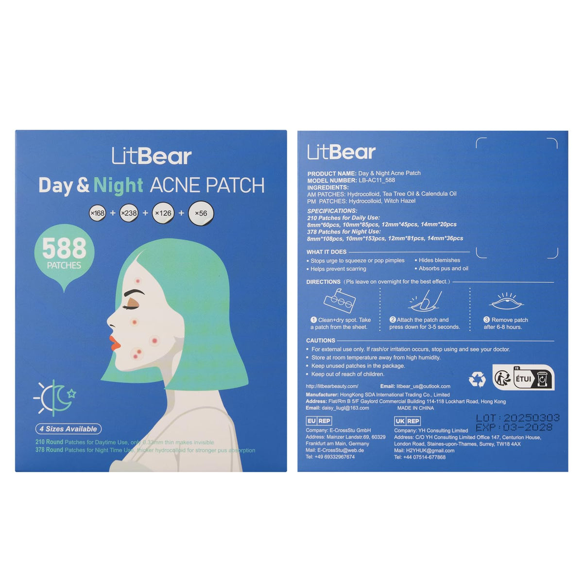 Flat lay of LitBear Acne Pimple Patches with skincare products