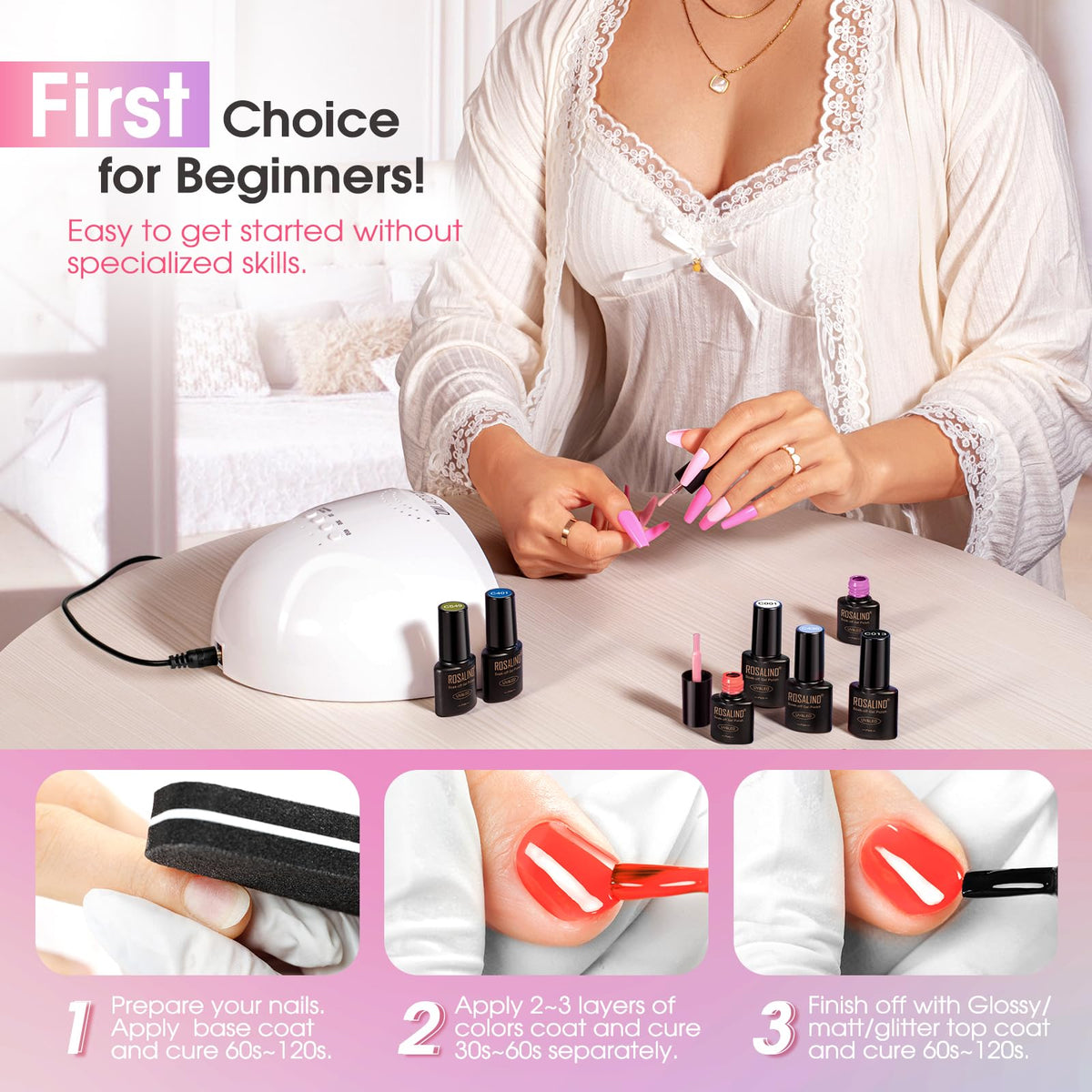 Flat lay of ROSALIND Gel Nail Polish Set components
