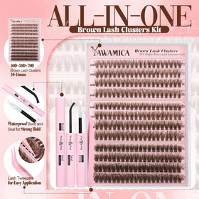 Flat lay of Yawamica Brown Lash Clusters Kit components