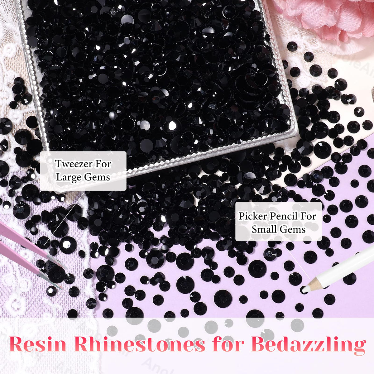 Flatback black rhinestones laid out for crafting
