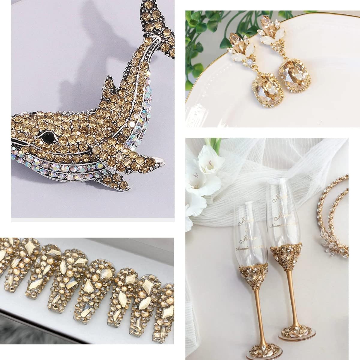 Flatback champagne golden rhinestones on a craft surface