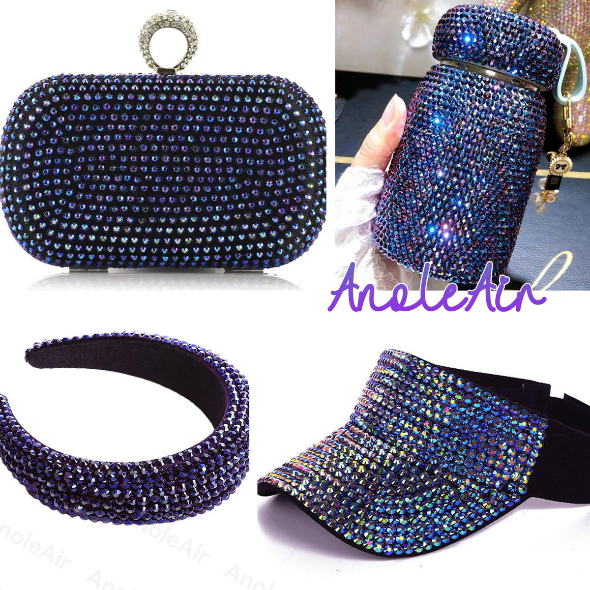Flatback design of AnoleAir Black AB Purple Rhinestones