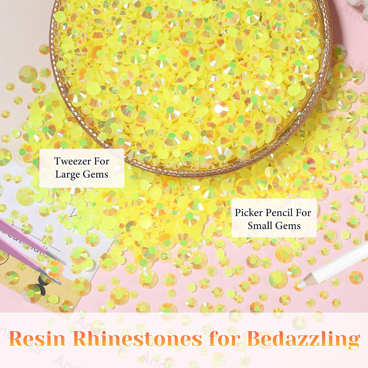Flatback yellow rhinestones arranged for crafting