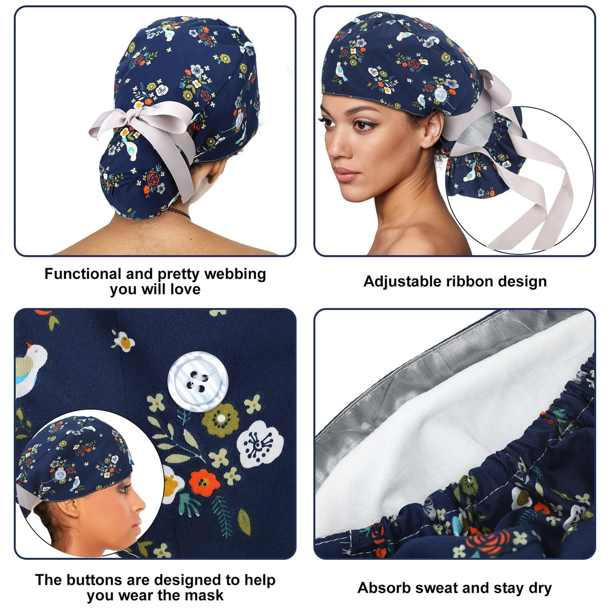 Floraltop scrub cap showcasing buttons for mask straps