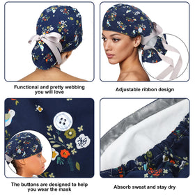Floraltop scrub cap showcasing buttons for mask straps