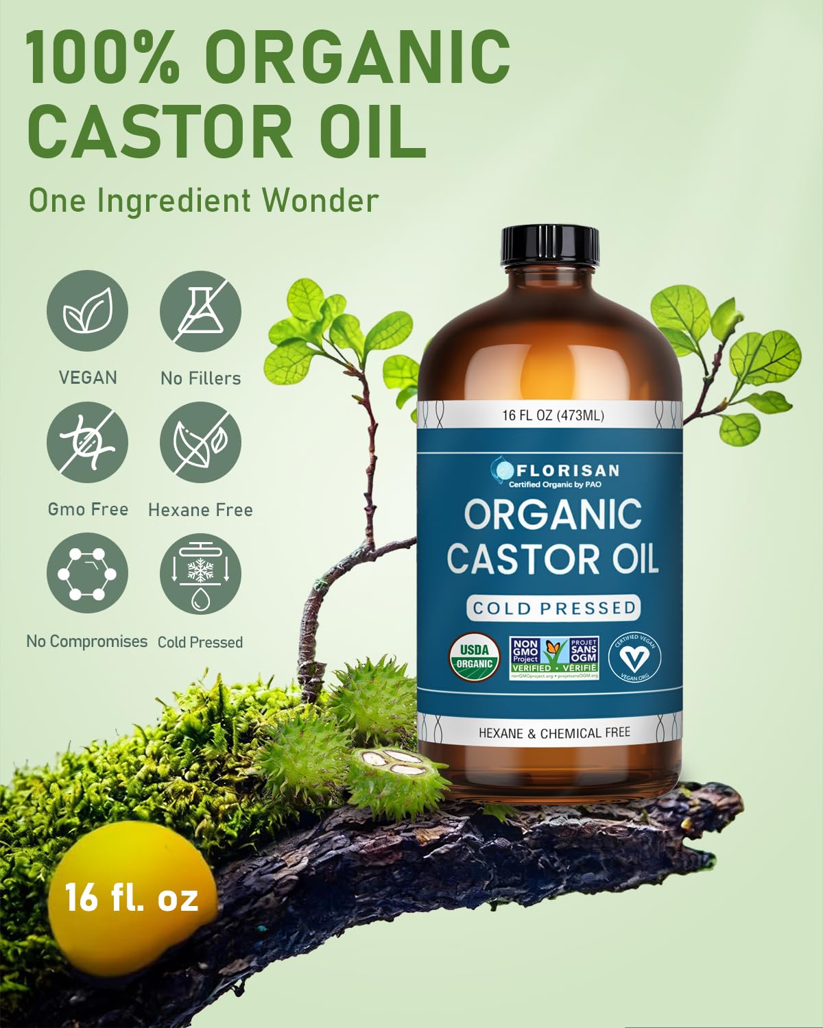 Florisan Organic Castor Oil pouring from glass bottle