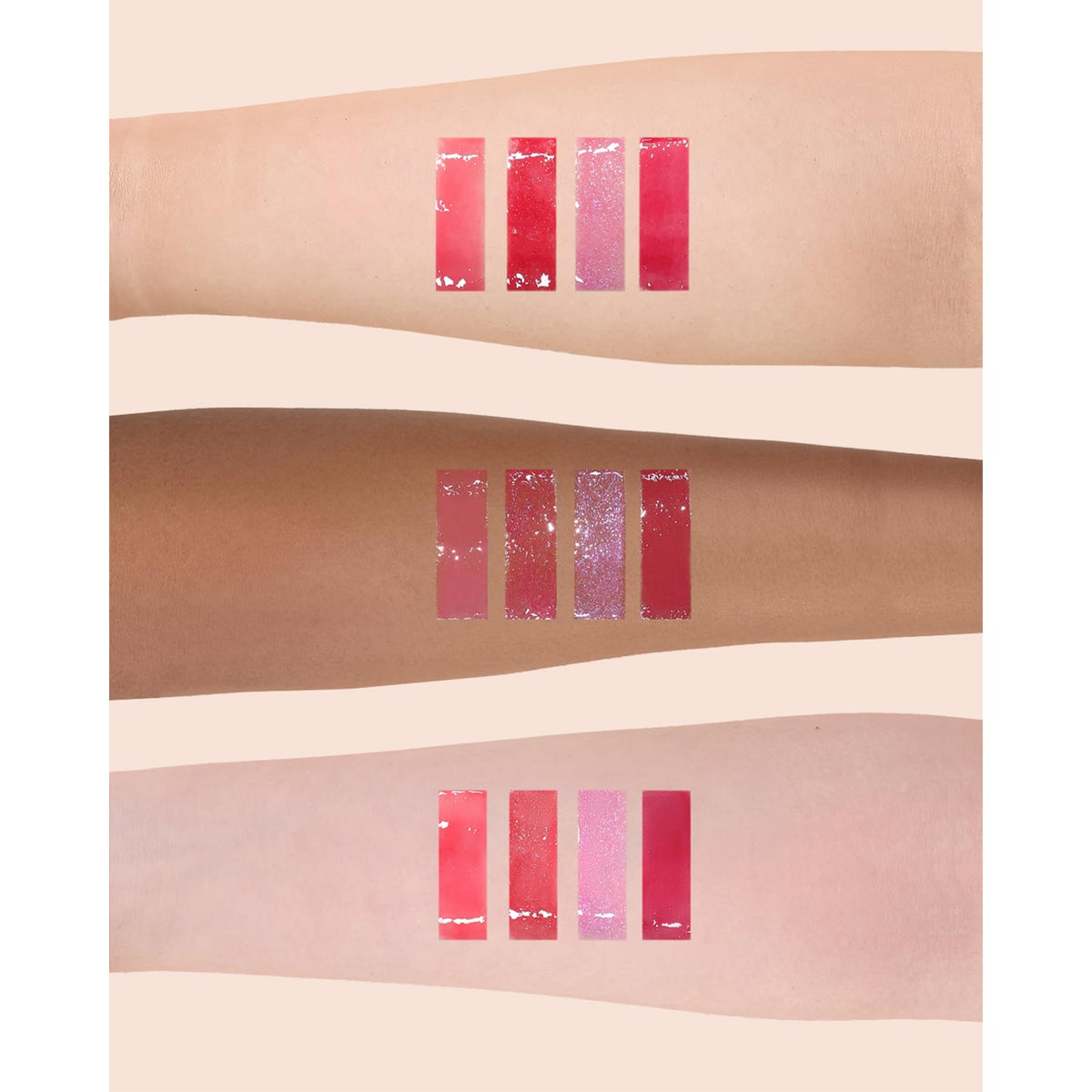 Flower Knows Hot Pink Shimmer Lip Gloss displayed with makeup accessories