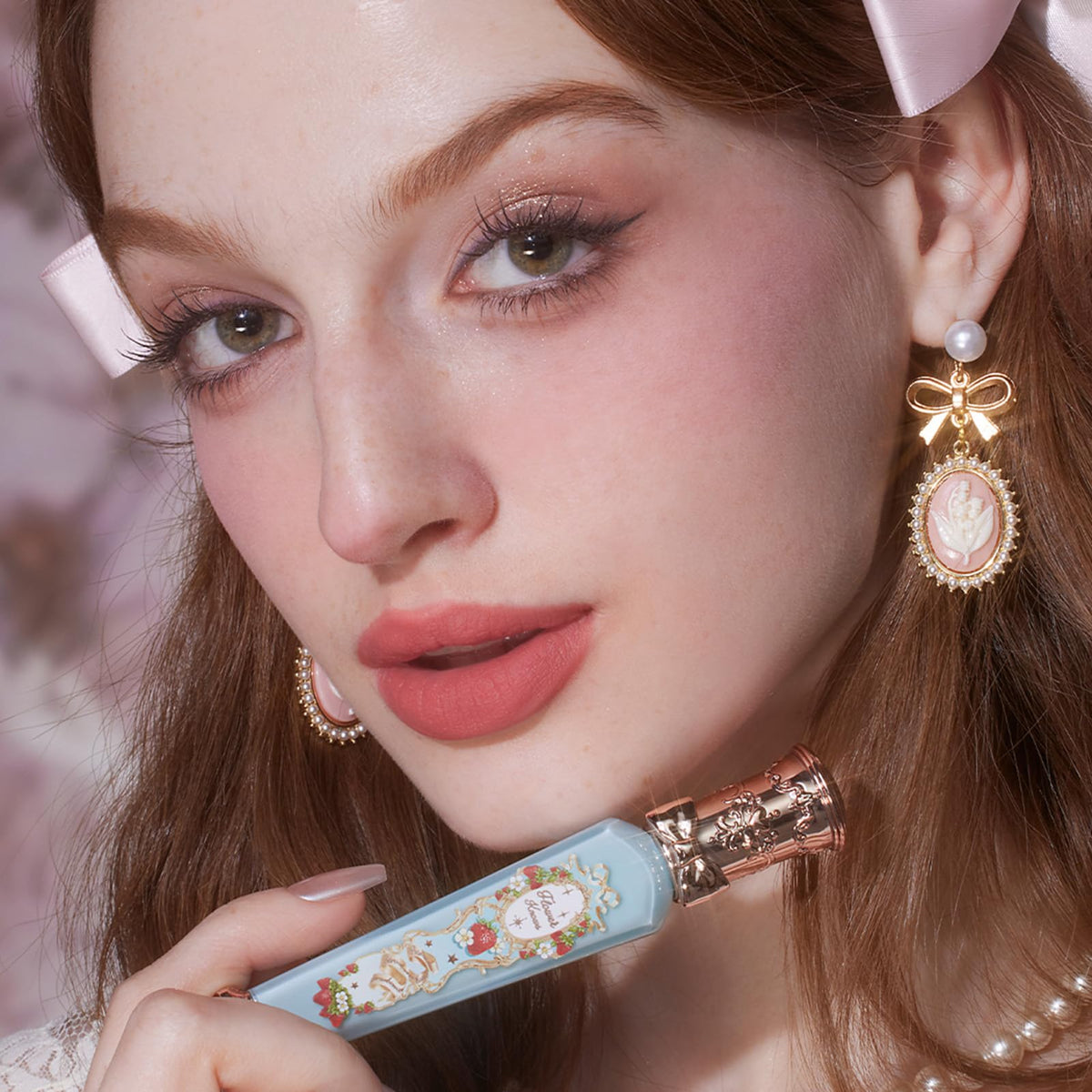 Flower Knows Strawberry Rococo Cloud Lip Cream Soft Coral Peach on lips