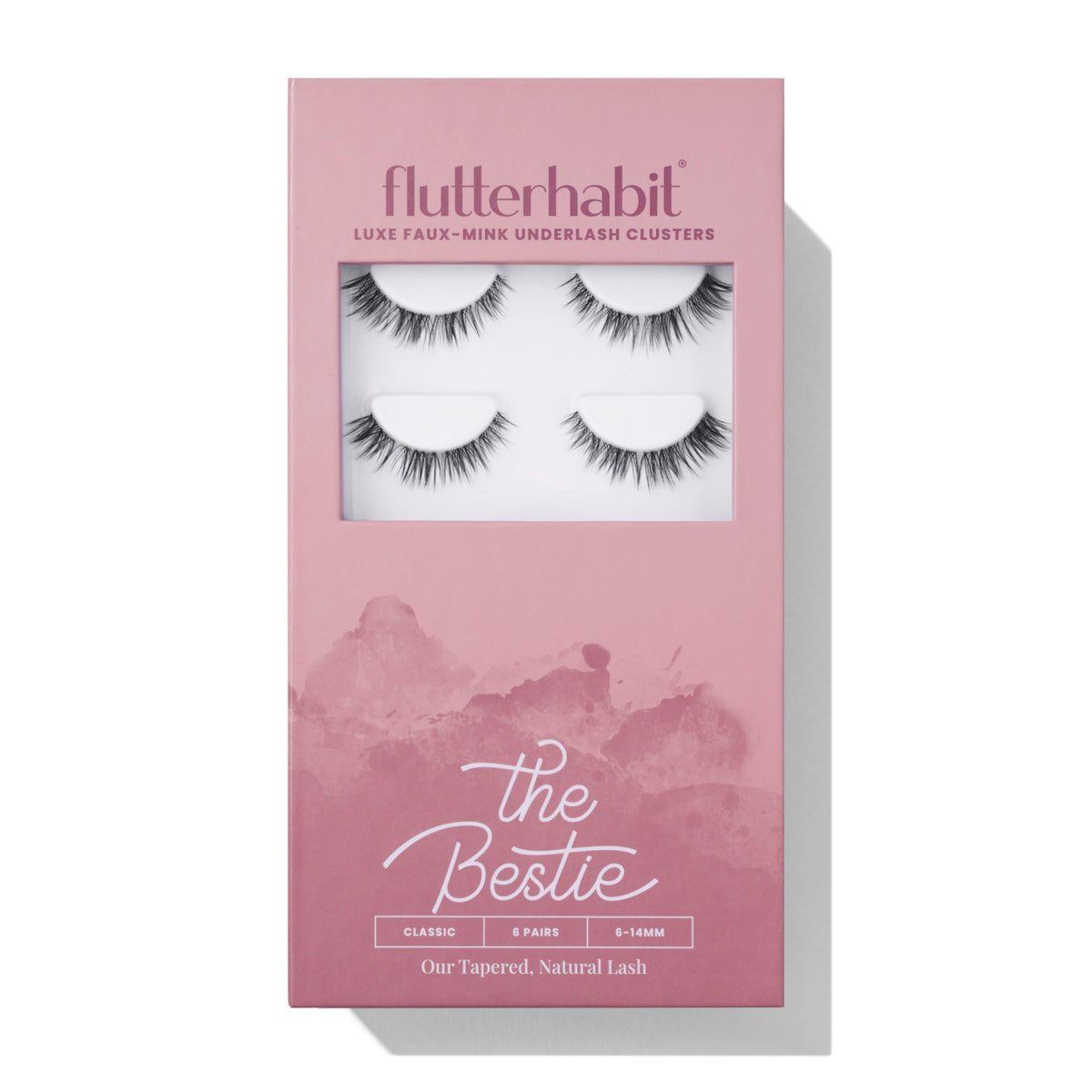 FlutterHabit Underlash Extensions pack front view with tapered lash clusters