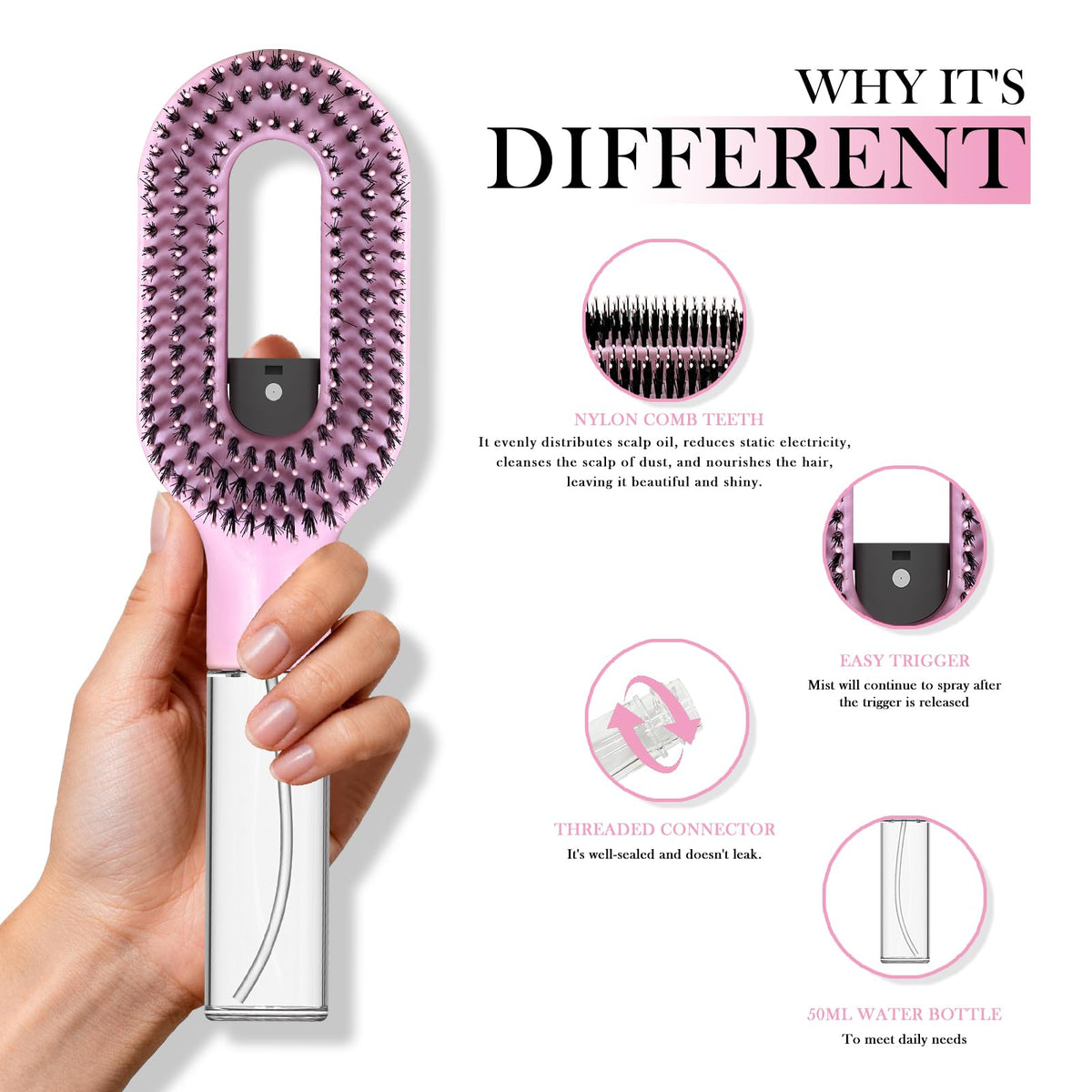 FlyLanyards 2-in-1 Misting Detangling Hair Brush showing water reservoir