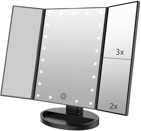 Flymiro Tri-fold Lighted Makeup Mirror front view with LED lights