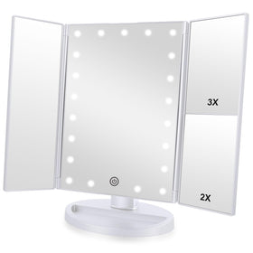 Flymiro Tri-fold Lighted Makeup Mirror front view with LED lights
