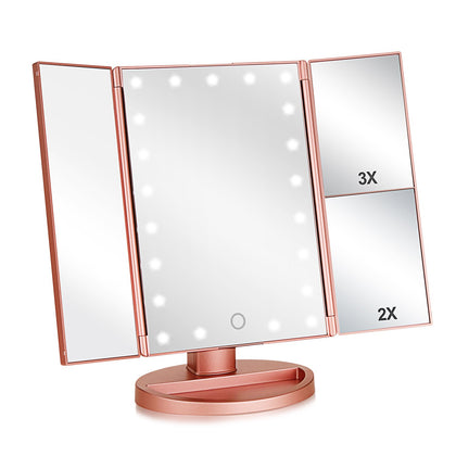 Flymiro Tri-fold Lighted Makeup Mirror front view with LED lights