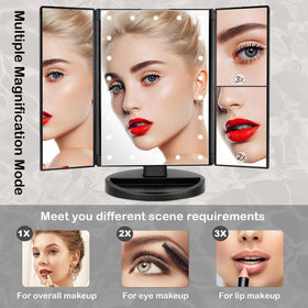 Flymiro Tri-fold Lighted Makeup Mirror side view showing 3X magnification