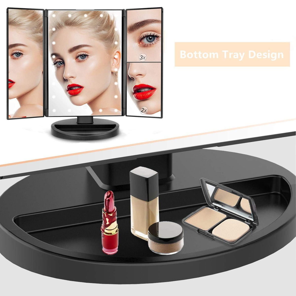 Flymiro Tri-fold Lighted Makeup Mirror with 180-degree rotation