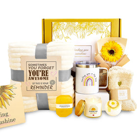 FndAsxa Get Well Gift Basket for Women front view with sunflower theme