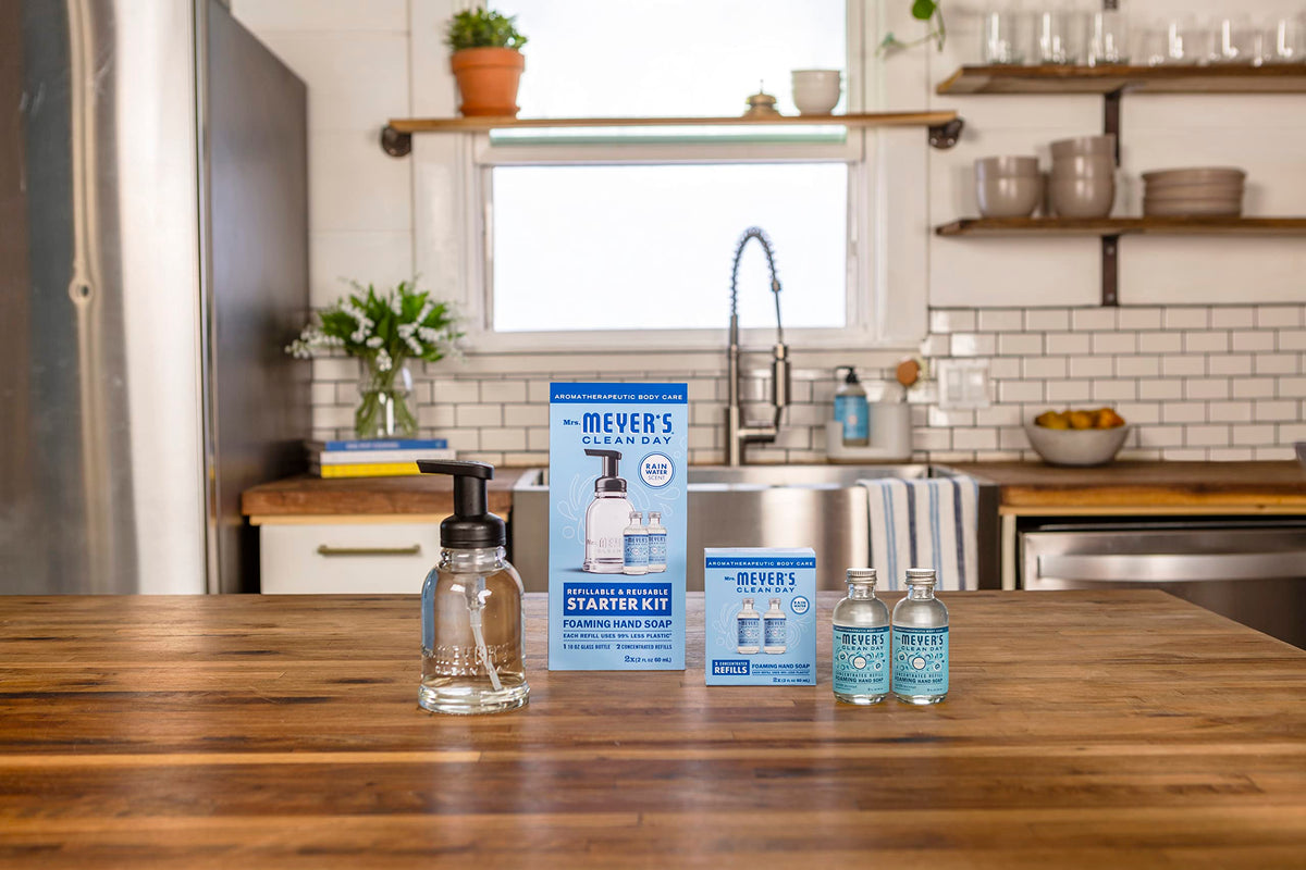 Foaming hand soap dispensing from Mrs. MEYER'S glass bottle