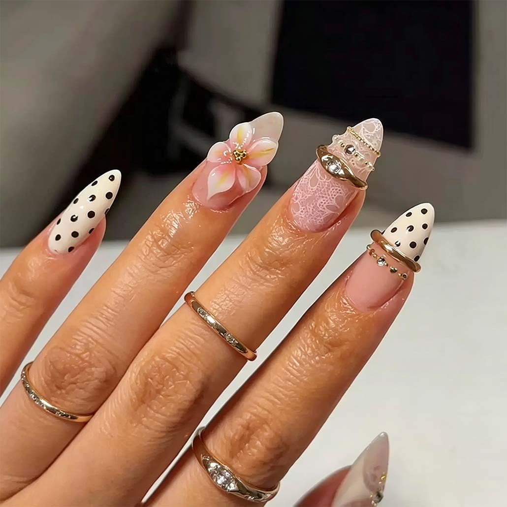Foccna Almond Press On Nails front view with floral design