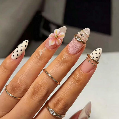 Foccna Almond Press On Nails front view with floral design