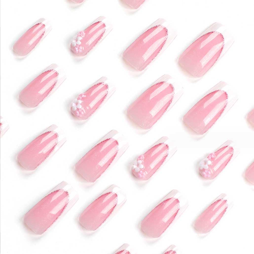 Foccna long pink press on nails with 3D flower design