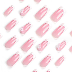 Foccna long pink press on nails with 3D flower design