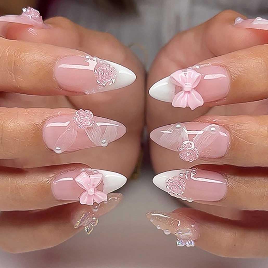 Foccna Pink Medium Press On Nails front view with 3D flowers