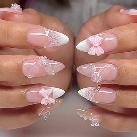 Foccna Pink Medium Press On Nails front view with 3D flowers