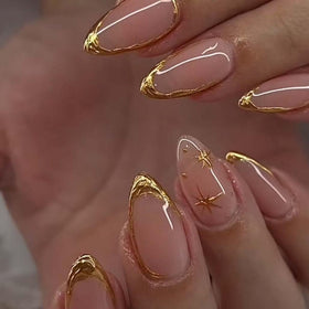 Foccna Press on Nails Almond Design front view with gold line