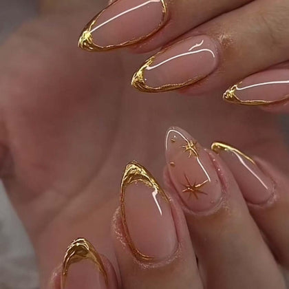 Foccna Press on Nails Almond Design front view with gold line