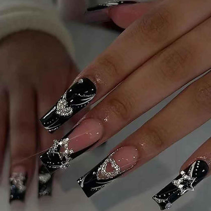 Foccna Press on Nails Long Black Square Rhinestone front view