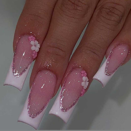 Foccna Press on Nails long pink rhinestone front view