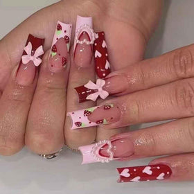 Foccna Press On Nails long pink rhinestone front view